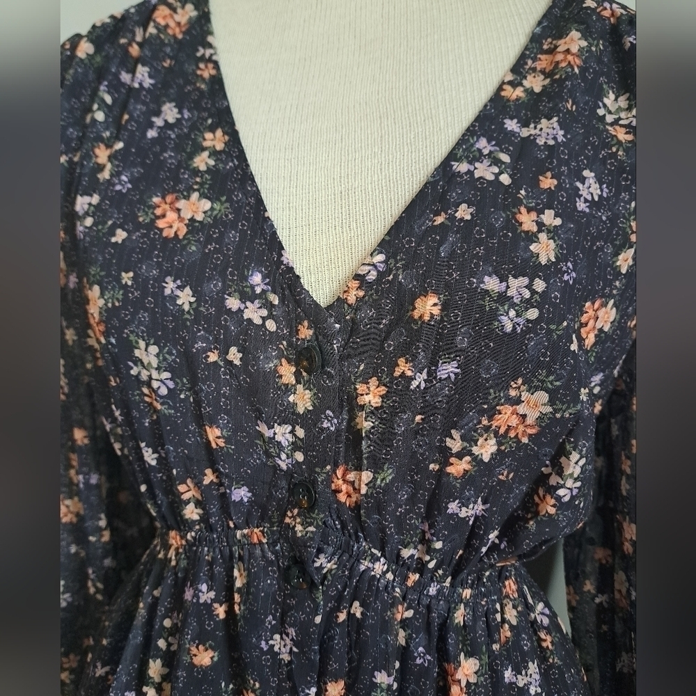 Tiny floral tiered MAXI dress long sleeves ruffle cuff button up Shabby Aakaa S - Picture 11 of 12